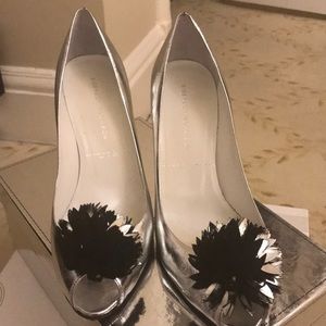 Silver open toe pumps